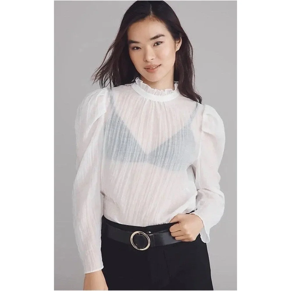 Maeve & Anthropologie White Sheer Blouse Mock Neck Puff Sleeve Gauze Size Medium